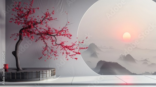 white background At the back there is a window with a Chinese circular pattern. surrounded by clouds decorated with red trees The classic beauty of the traditional Chinese style landscape photo