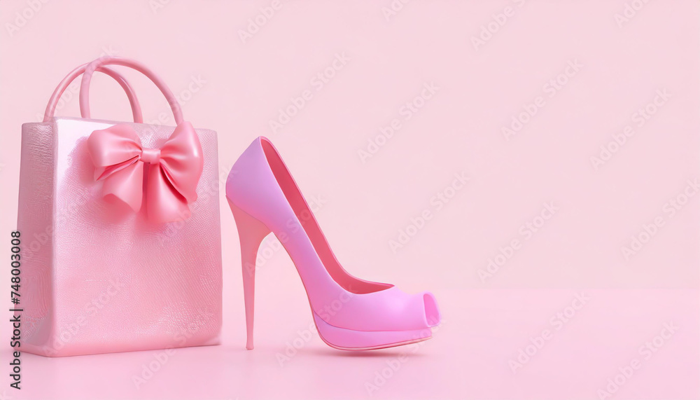 Plastic toy legs with high heels and little bag on pastel pink background. Minimal art pink poster.