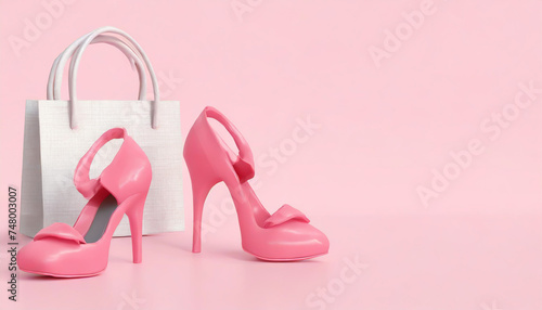 Plastic toy legs with high heels and little bag on pastel pink background. Minimal art pink poster.