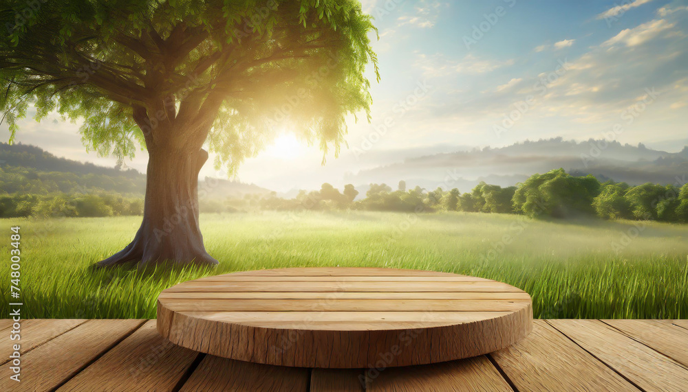 tree table wood podium in farm display for food perfume and other products on nature background table in farm with grass sunlight at morning tree table wood podium in farm display for food perfume and other products on nature background table in farm with grass sunlight at morning
