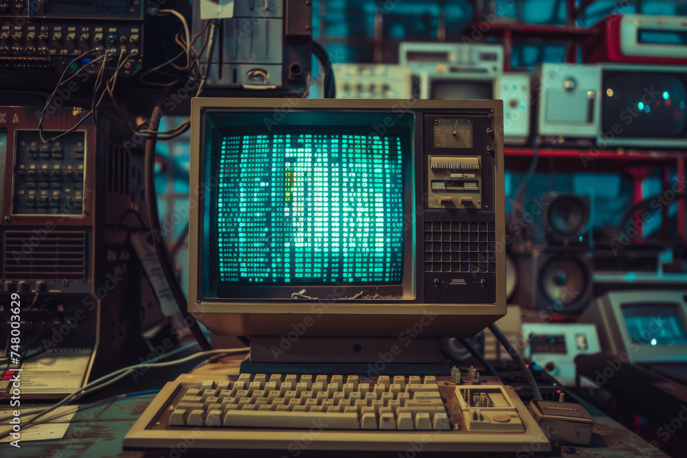 An old computer with a keyboard and a blue screen An old computer with a keyboard and a blue screen