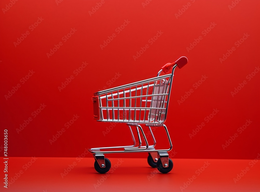 a small shopping cart on a red surface a small shopping cart on a red surface