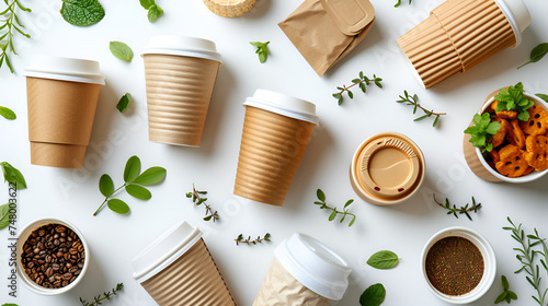 "Eco-friendly catering and street food packaging: paper cups, plates, and containers, along with cotton eco bags, on a gray background with space for text. Promoting nature conservation and recycling.