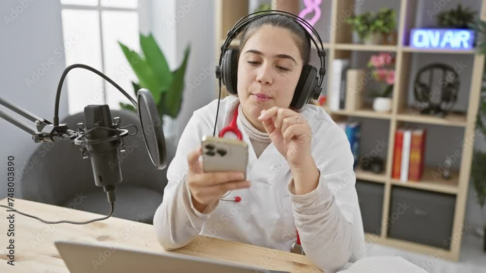 A hispanic woman with headphones in a studio gestures while holding a smartphone, microphone, and 'on air' sign visible. A hispanic woman with headphones in a studio gestures while holding a smartphone, microphone, and 'on air' sign visible.