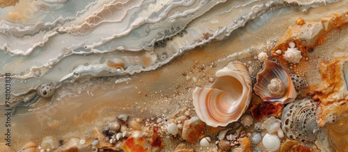 The close-up view showcases a blend of coquin sand, shells, and rocks on a beach. The focus is on the textures and colors of the sand and shells against a natural backdrop.
