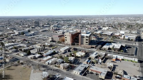 Downtown Las Cruces, New Mexico with drone video moving down. photo