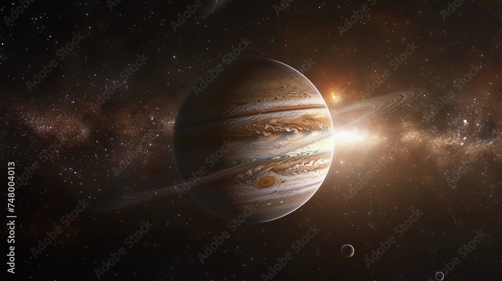 Majestic Jupiter Against Starry Space, Cosmic Grandeur With Rings Illuminated By Sunlight, Space Exploration, Human Achievement, and Science Fiction. AI Generated - obrazy, fototapety, plakaty 