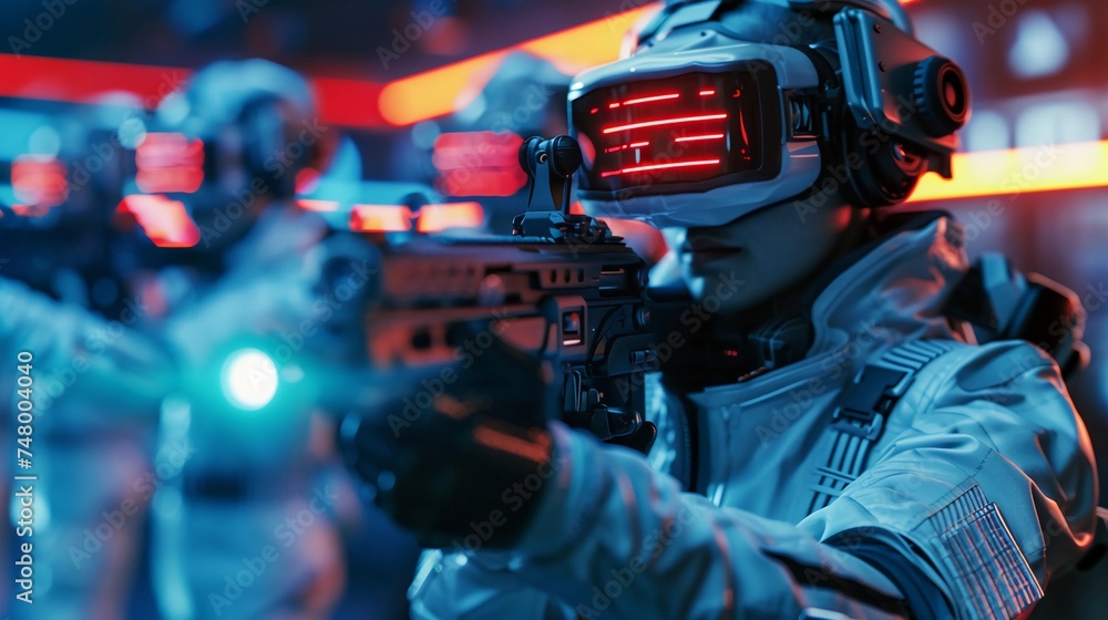 Players in VR Headset Engaged in a Virtual Reality Shooter Game, Futuristic Weapons and Environment. Immersive Gaming Experience, Neon Lit Arena, AI Generated