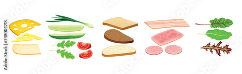 Breakfast Ingredients with Cheese, Bread, Vegetable and Meat Vector Set
