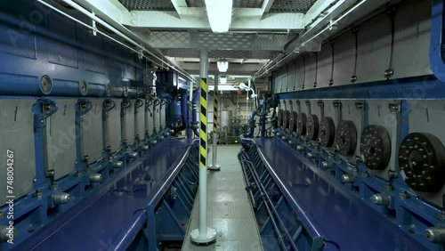 Diesels. Main engine in motor room of vessel. Power plant on the ship
