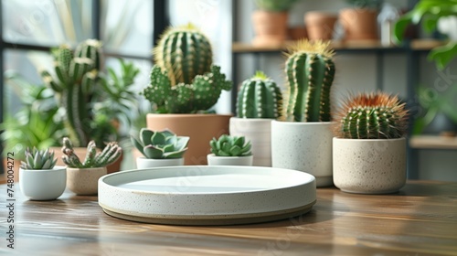 indoor garden of cacti and succulents in natural light on a rustic table