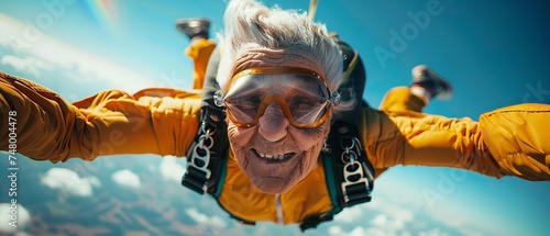 Portrait of a old happy woman sky diving happy woman with a big space and a blurry backdrop, Generative AI. photo