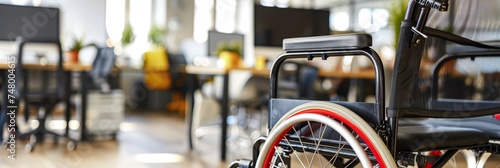 Accessible office environment with wheelchair, blurred background, and space for text placement photo