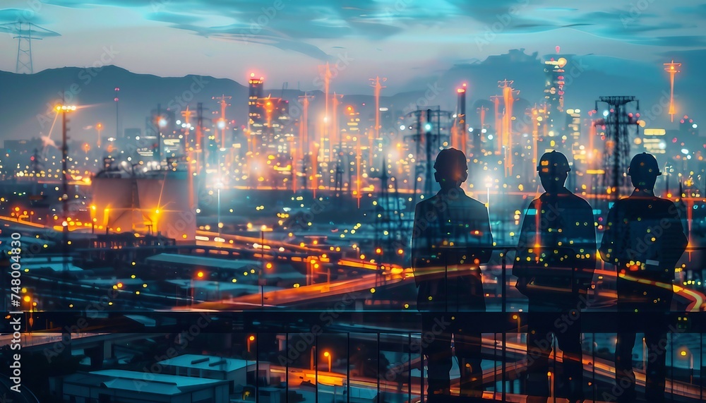 Obraz premium Infrastructure Development Blueprinting, infrastructure development blueprinting with an image featuring civil engineers and project managers reviewing plans for roads, AI