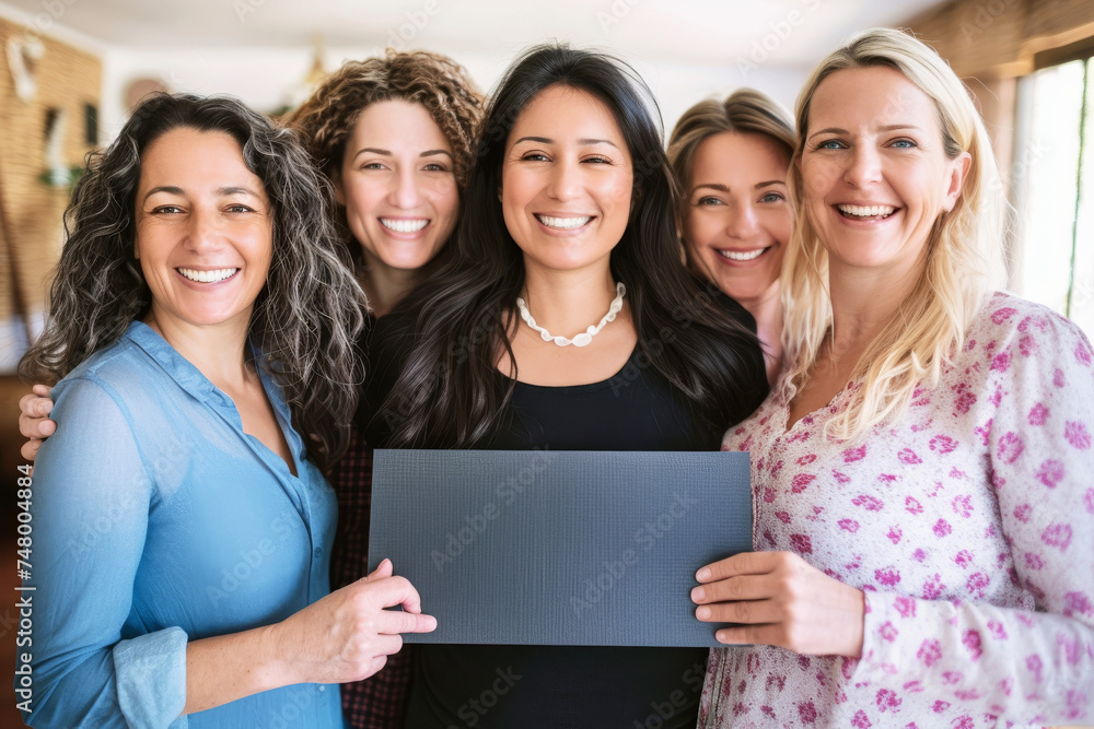 Groupe diversifié de femmes souriantes et heureuses tenant une pancarte vide pour la pour la Journée internationale de la femme Groupe diversifié de femmes souriantes et heureuses tenant une pancarte vide pour la pour la Journée internationale de la femme
