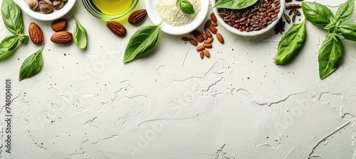 A variety of healthy fats  avocado, nuts, seeds, olive oil   space for text or design