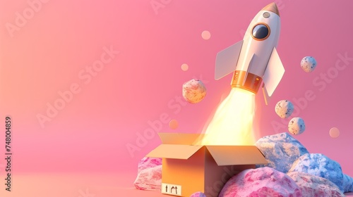 3d rocket launching from cardboard box on pastel color background, startup business concept