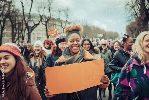 Groupe diversifié de femmes souriantes et heureuses tenant une pancarte vide pour la pour la Journée internationale de la femme photo