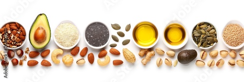 Assorted healthy fats food selection with avocado, nuts, seeds, and olive oil on wooden background