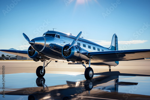 Vintage Aero Plane on Runway under the Clear Blue Sky- A Blend of Modern Engineering and Classic Design