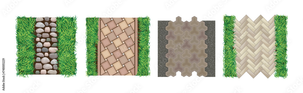 Fototapeta premium Pathway and Park Walkway on Green Grass Above View Vector Set