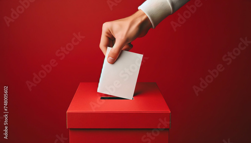 A white-skinned hand drops a card into a red box with a black slot on a red background.
