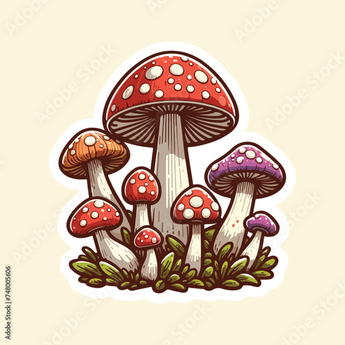 Retro 70s mushroom sticker elements.