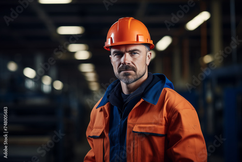 A worker in special clothes at a factory in a helmet against the background of production