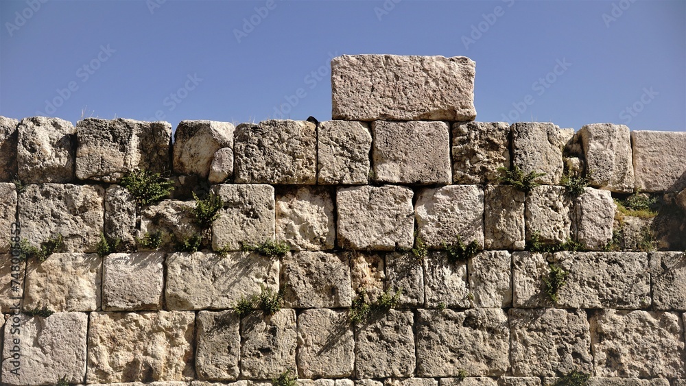 wall of rustic stones and greenery against the sky wall of rustic stones and greenery against the sky