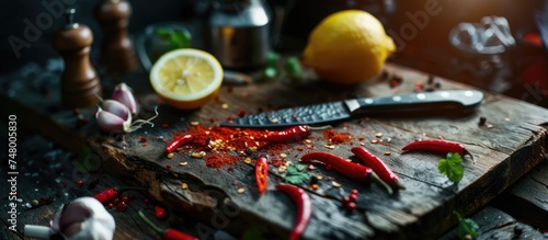 A rustic wooden cutting board is filled with various ingredients used in preparing healthy Thai cuisine. Chili, lemon, shallot, garlic, ginger, and a knife are neatly arranged on the plank, creating a