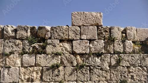 wall of rustic stones and greenery against the sky