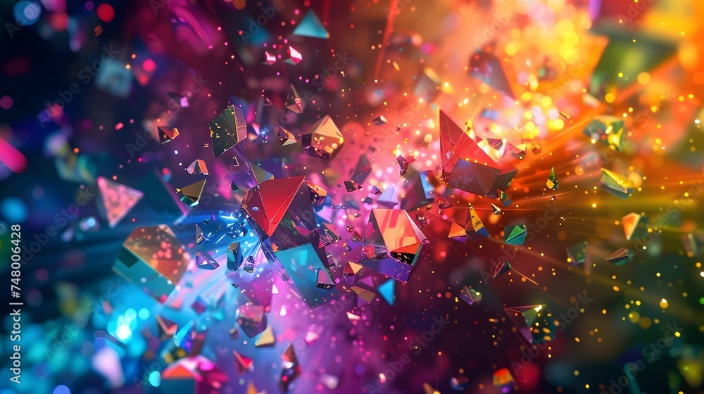 An abstract nebula of shapes flying through space illuminated in bright colors An abstract nebula of shapes flying through space illuminated in bright colors