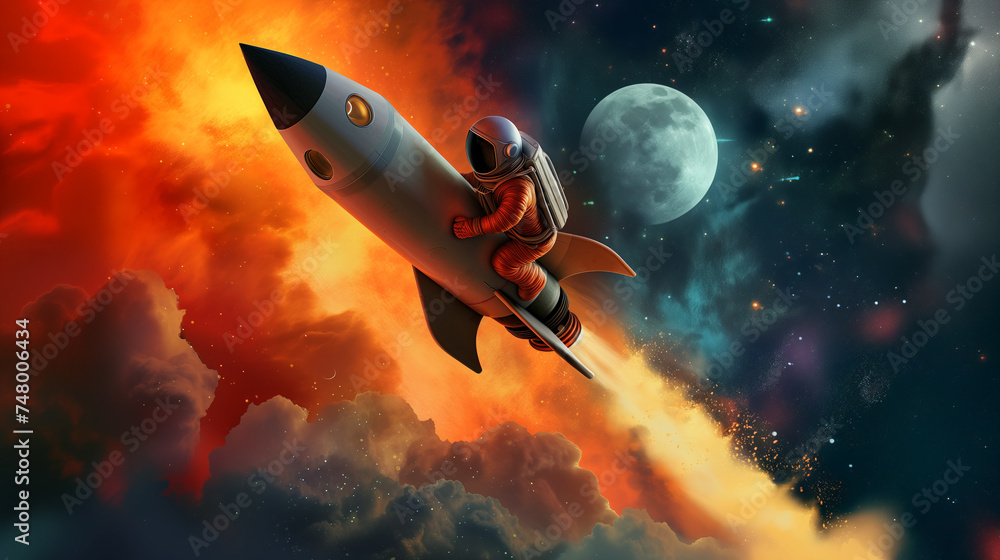 Fototapeta premium Astronaut Riding Rocket in space