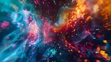 An abstract nebula of shapes flying through space illuminated in bright colors