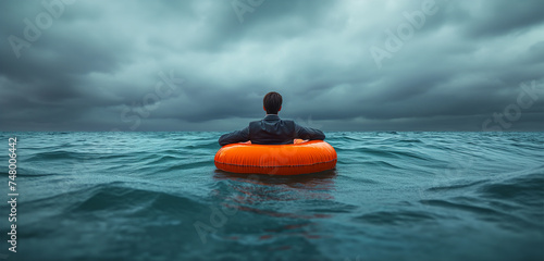 Businessman holding on life buoy in the middle of the ocean, insurance concept