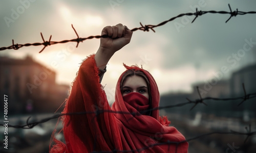 Woman with red headscarf garbing the barbwire in sign of protest and fight against tyranny and oppression photo