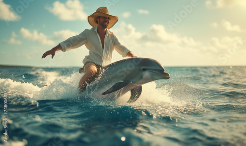 Man riding a dolphin at sea