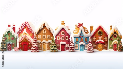 a group of gingerbread houses with snow on them