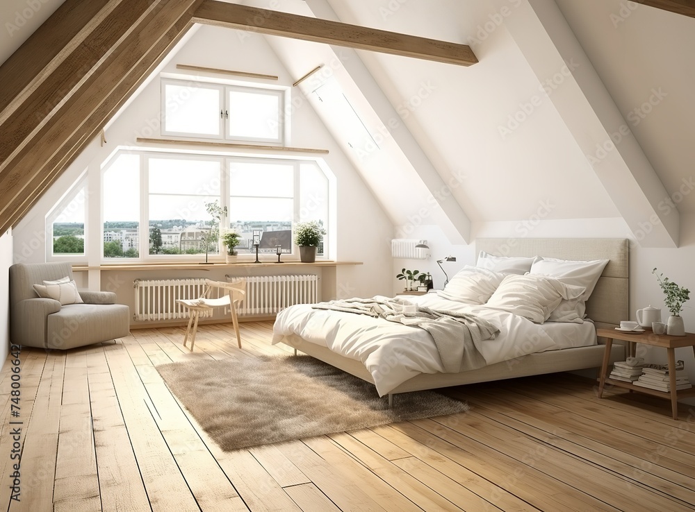 Serene bedroom with a bed, chair, window, and rug. The room is decorated in a minimalist style with white walls, light wood furniture, and pops of color from the rug and artwork. Serene bedroom with a bed, chair, window, and rug. The room is decorated in a minimalist style with white walls, light wood furniture, and pops of color from the rug and artwork.