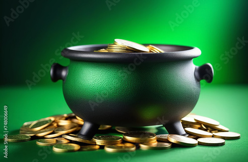 Kazan with coins on a green background.