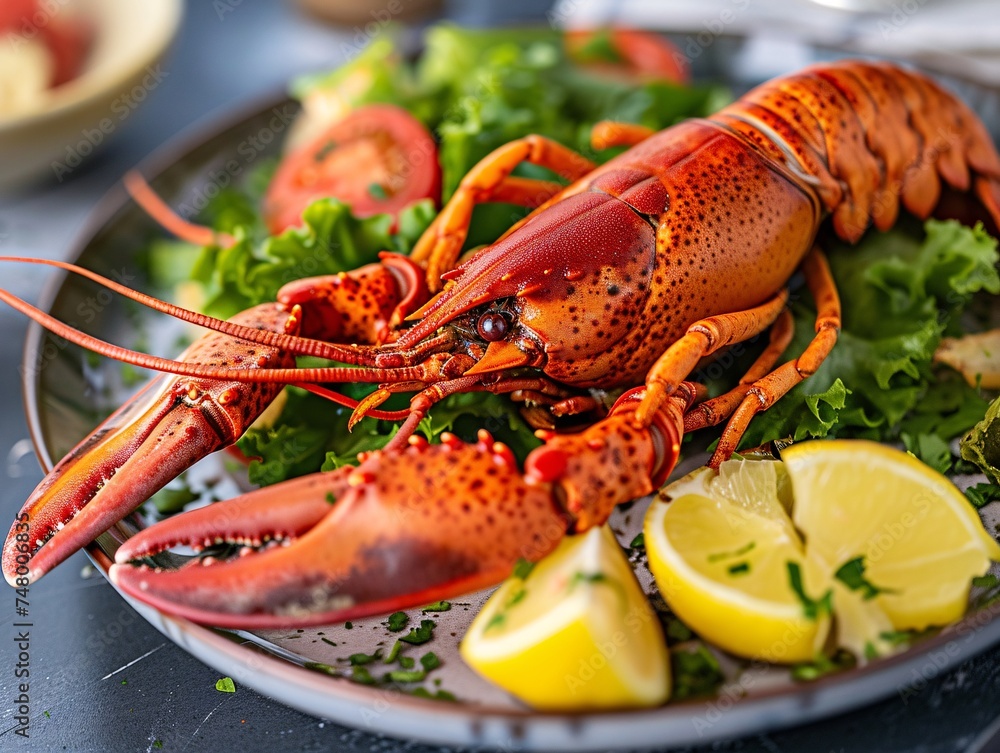 a lobster on a plate with lemons and lettuce a lobster on a plate with lemons and lettuce