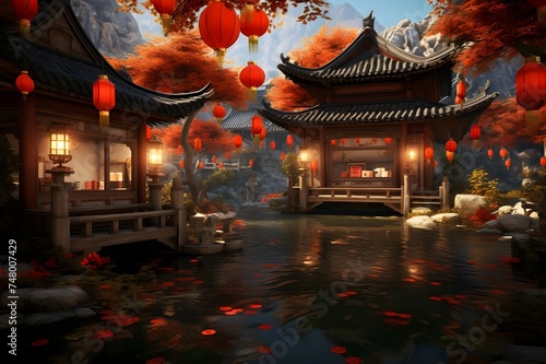 A traditional Chinese courtyard with red lanterns, wooden architecture, and a koi pond.