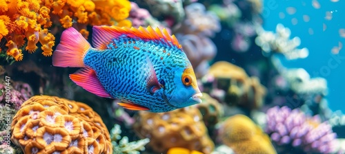 A beautiful chromis fish swimming amid vibrant coral reef in a saltwater aquarium photo