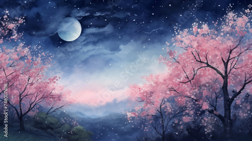 Hand drawn cartoon beautiful spring night landscape illustration 