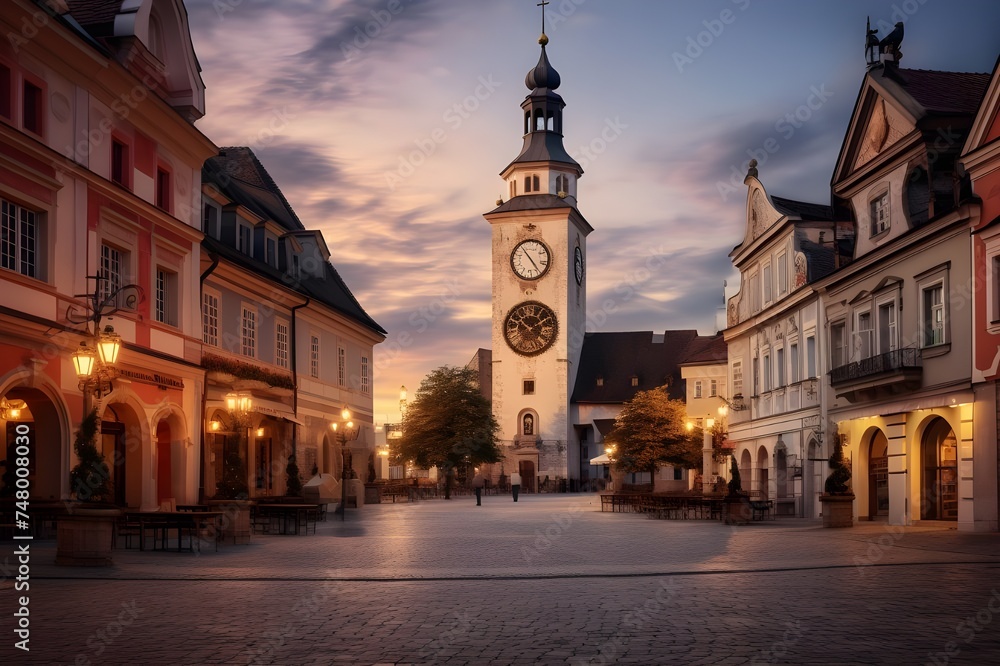 A historic clock tower in a European town square, marking the passage of time.

