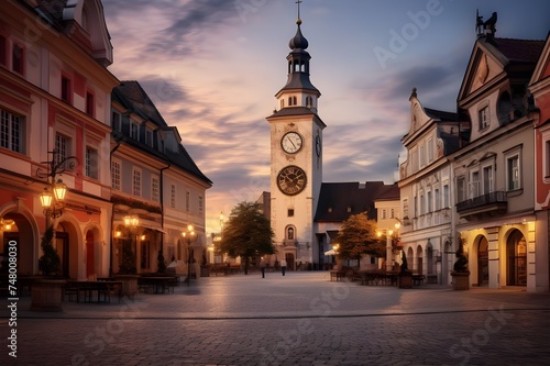 A historic clock tower in a European town square, marking the passage of time.