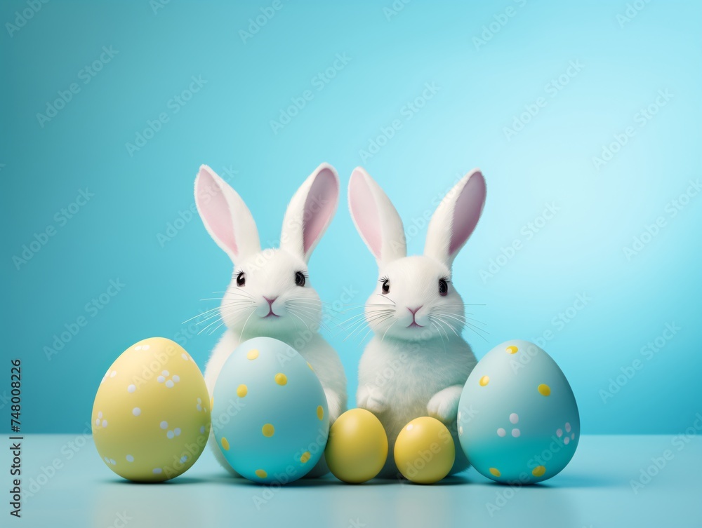 two bunnies next to eggs two bunnies next to eggs