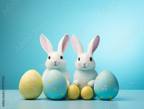 two bunnies next to eggs