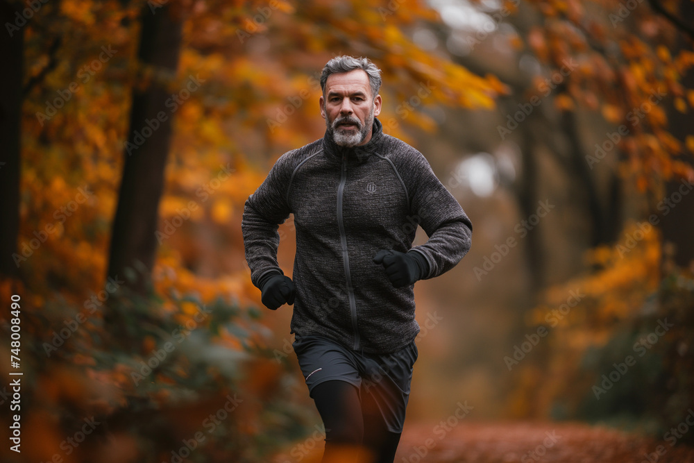 Senior Man Jogging in Autumn Forest - Healthy Lifestyle Concept