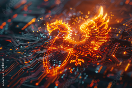 A computer circuit board with a glowing eagle on it